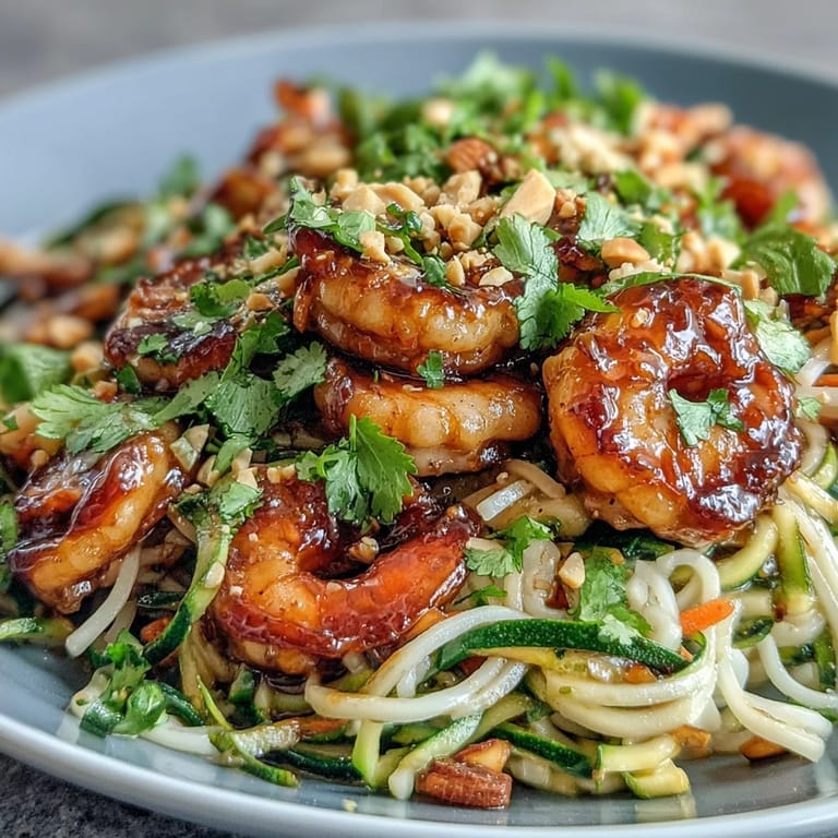 A vibrant Asian Noodle Bowl featuring plump shrimp and crunchy veggies on rice noodles, garnished with peanuts and fresh cilantro leaves.