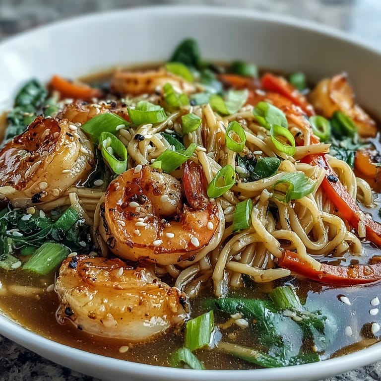 Close-up of Asian Noodle Bowl with Shrimp and Scallops, tender seafood nestled among crisp veggies and glistening broth.