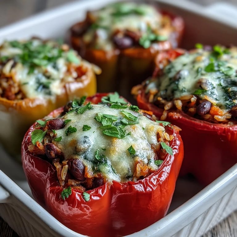 Close-up of Black-Eyed Pea Stuffed Peppers revealing a hearty, spiced filling of black-eyed peas, rice, and fresh herbs.