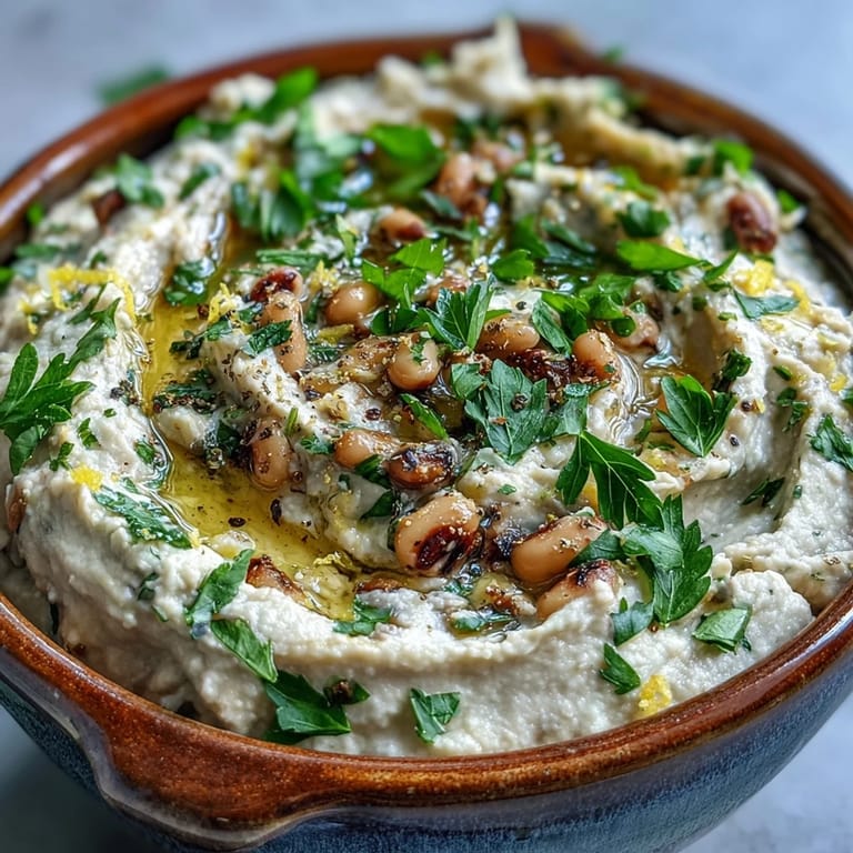 Bright and zesty Smashed Black-Eyed Peas dip, finished with a swirl of olive oil and fresh herbs.