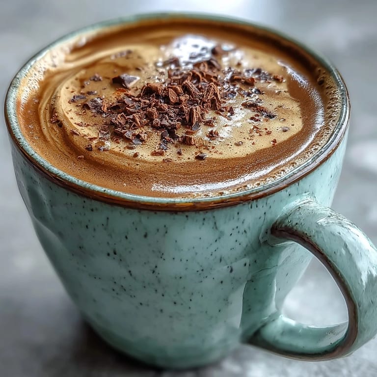 Two mugs of hot hojicha latte next to a bamboo whisk and loose hojicha powder on a rustic wooden table.