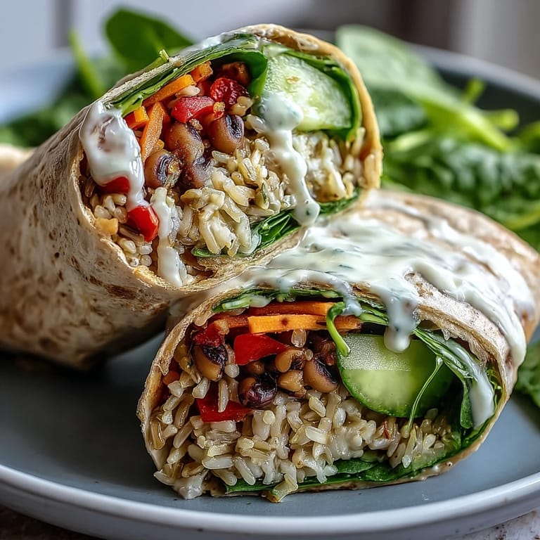 Whole wheat tortillas stuffed with Black-Eyed Pea Wraps, showing colorful carrots and peppers beside a dipping bowl of sauce.