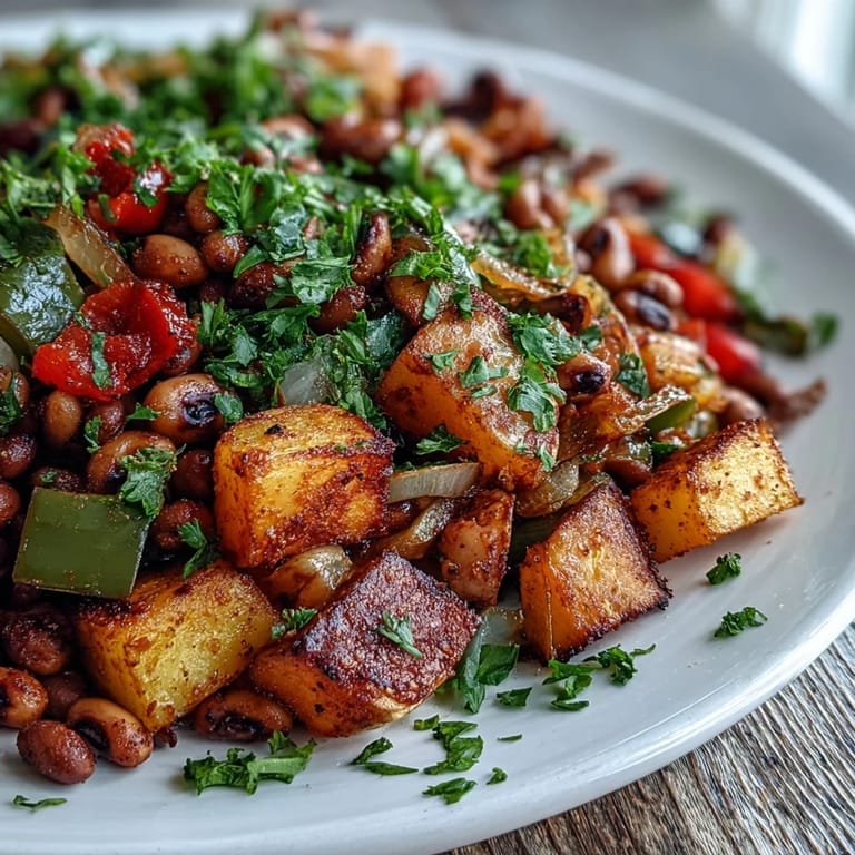 Vibrant skillet of vegetarian Black-Eyed Pea Hash with red and green peppers, topped with fresh parsley.