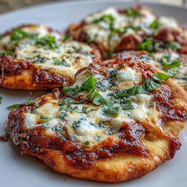 A close-up view of golden, crispy Garlic Naan Margherita Pizzas featuring bubbling cheese and vibrant red marinara sauce.
