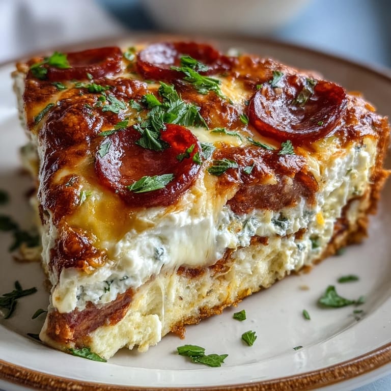 A slice of High-Protein Pizza Breakfast Casserole shows melted mozzarella and cheddar on a fluffy egg topping for an easy meal prep.