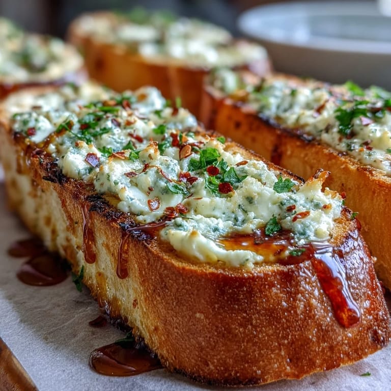 Freshly baked Hot Honey Ricotta Garlic Bread on a rustic wooden board, featuring melted ricotta, parsley flecks, and a vibrant red pepper finish.