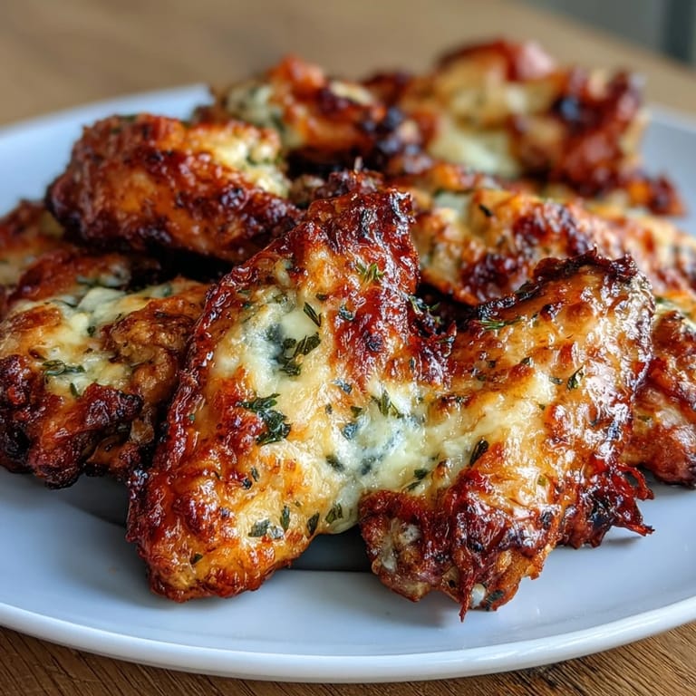 Oven-baked chicken wings coated in savory garlic Parmesan butter, garnished with fresh parsley and a hint of spice.  