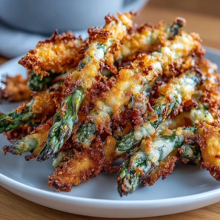 Golden-brown asparagus fries with a crunchy chili-garlic crust, perfect as a spicy appetizer or vegetarian side dish for any meal.
