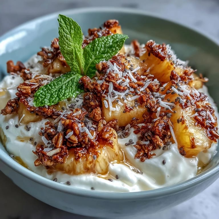 3. This cottage cheese breakfast bowl features layers of smooth cheese, tropical pineapple, and crisp granola, drizzled with honey for natural sweetness.