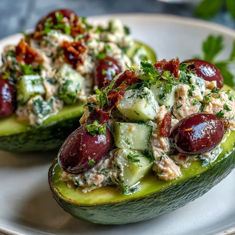 Creamy avocado halves filled with zesty Mediterranean tuna salad and colorful veggies.