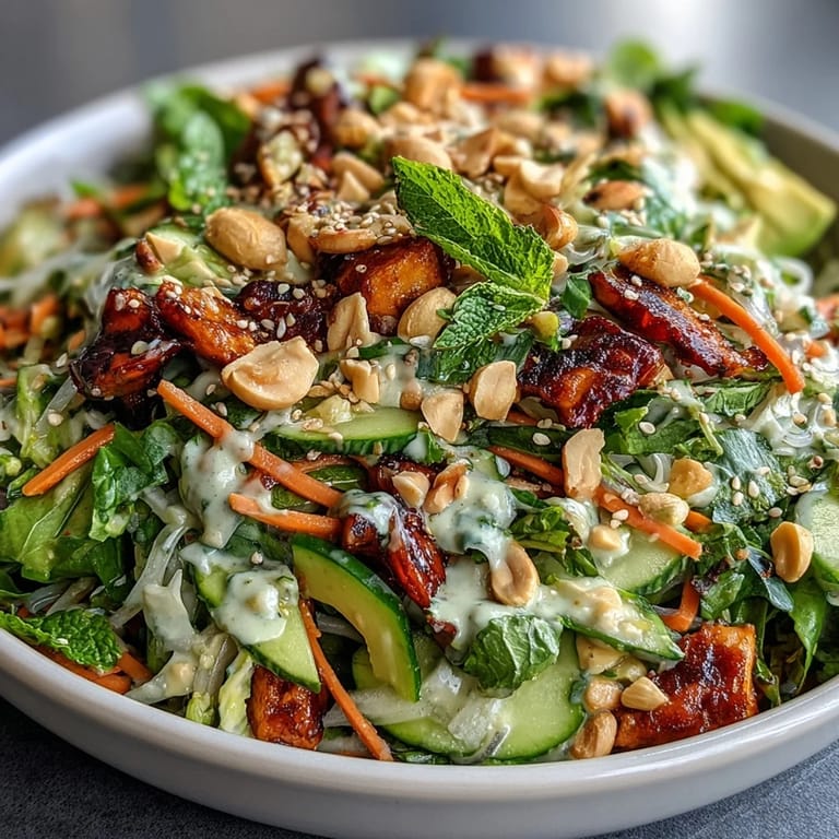 Colorful vegan spring roll salad with zesty peanut dressing, perfect for a healthy lunch or side.