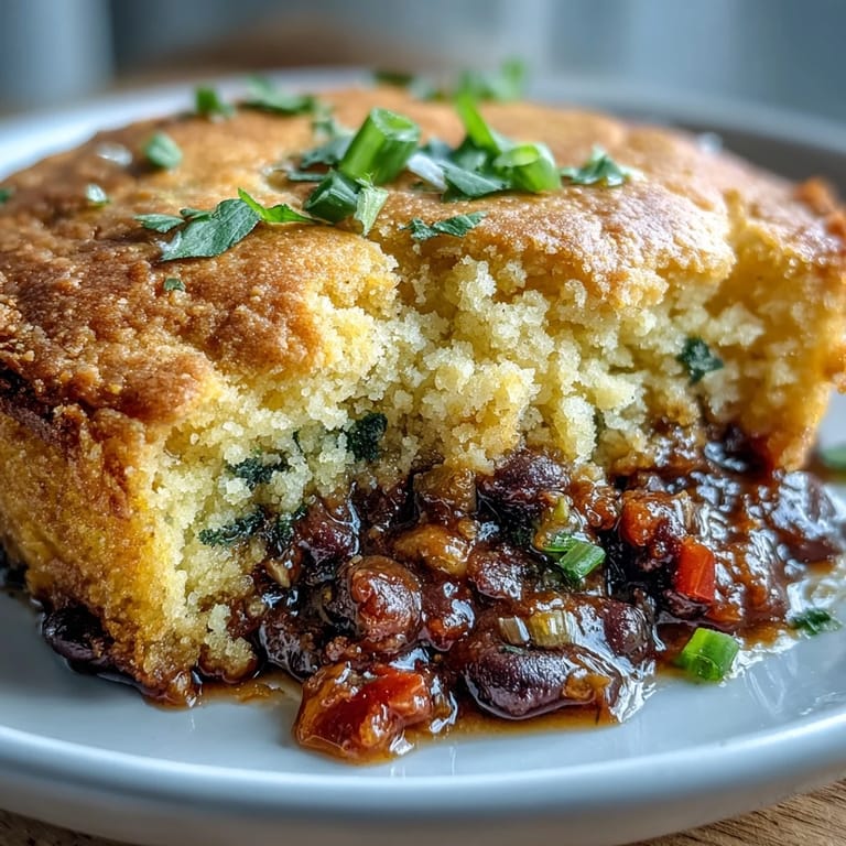 Comforting plant-based casserole featuring spiced black bean filling beneath fluffy cornbread crust.