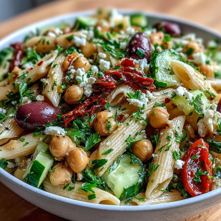 Hearty Mediterranean pasta salad featuring tender chickpeas, crisp cucumber, juicy tomatoes, and tangy feta cheese tossed with olives.