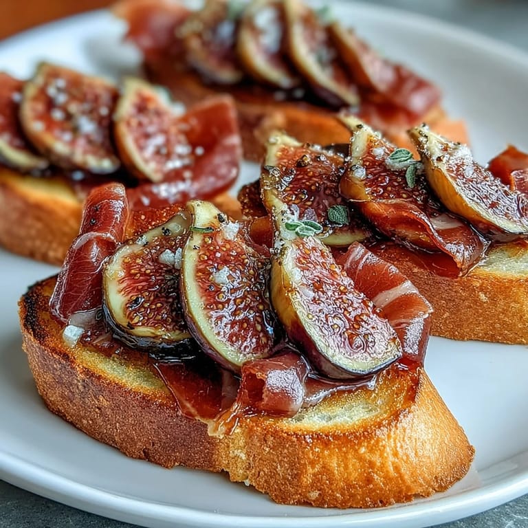 Delicious Italian crostini with prosciutto and fresh figs, drizzled with honey and sprinkled with black pepper for extra flavor.