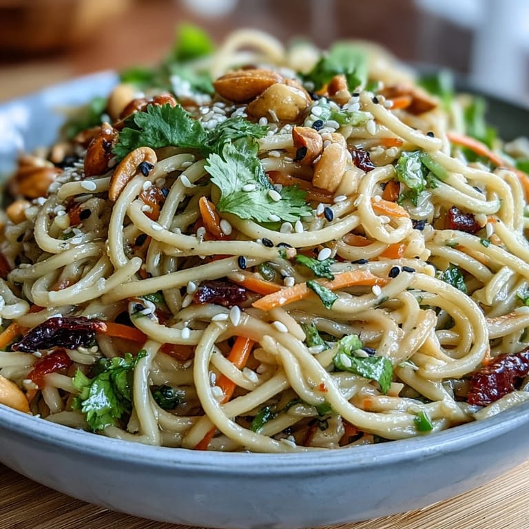 Fresh Asian sesame noodle salad with julienned vegetables, tender noodles, and rich peanut dressing, garnished with cilantro and peanuts.