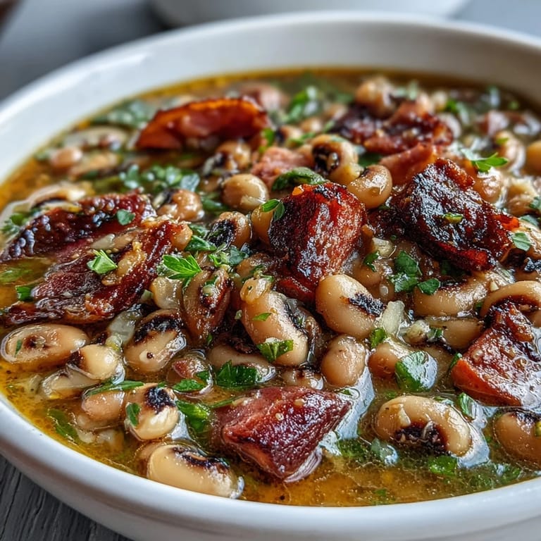 Southern comfort food bowl of ham and black-eyed pea soup, simmered with vegetables and smoky spices.  