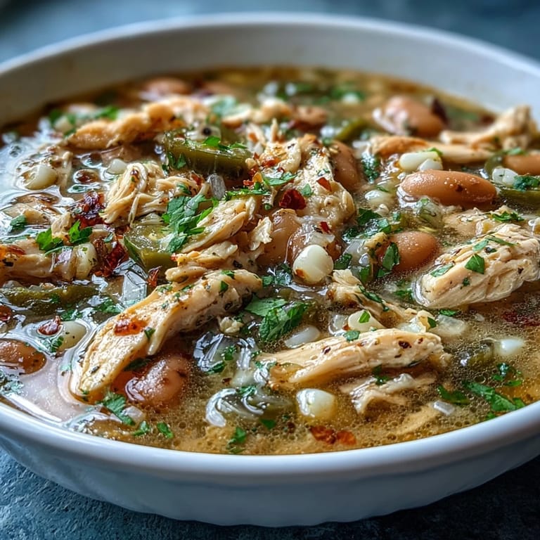 Creamy white bean chicken chili with tender shredded chicken and vibrant spices, served in a rustic ceramic bowl for hearty comfort.  