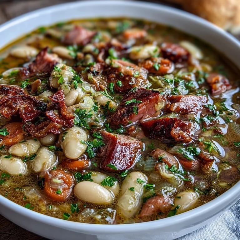 Warm bowl of ham and lima bean soup featuring diced carrots, celery, and chunks of savory ham in rich broth.