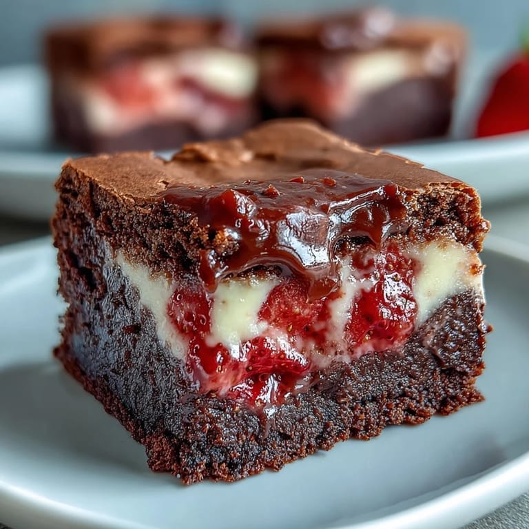 Rich chocolate and strawberry cheesecake brownies, garnished with fresh berries and chocolate shavings.