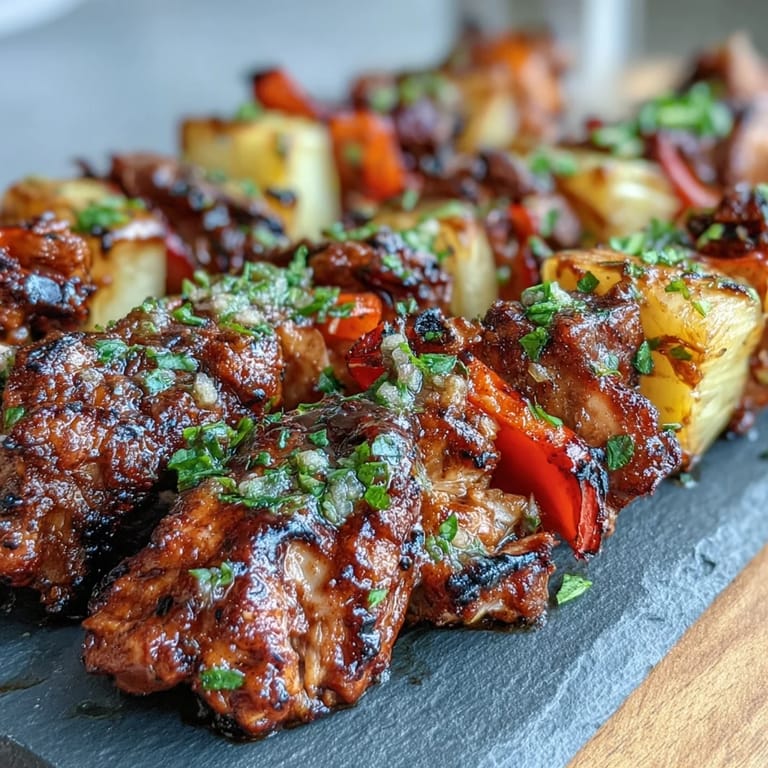 Vibrant grilled jerk chicken skewers featuring tender marinated chicken, sweet pineapple, and bell peppers, perfect for a flavorful summer meal.
