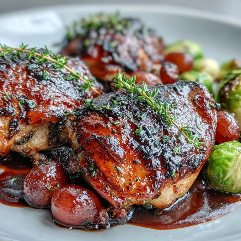 Balsamic-glazed chicken thighs nestled among tender Brussels sprouts and sweet roasted grapes, all cooked together on one pan.  