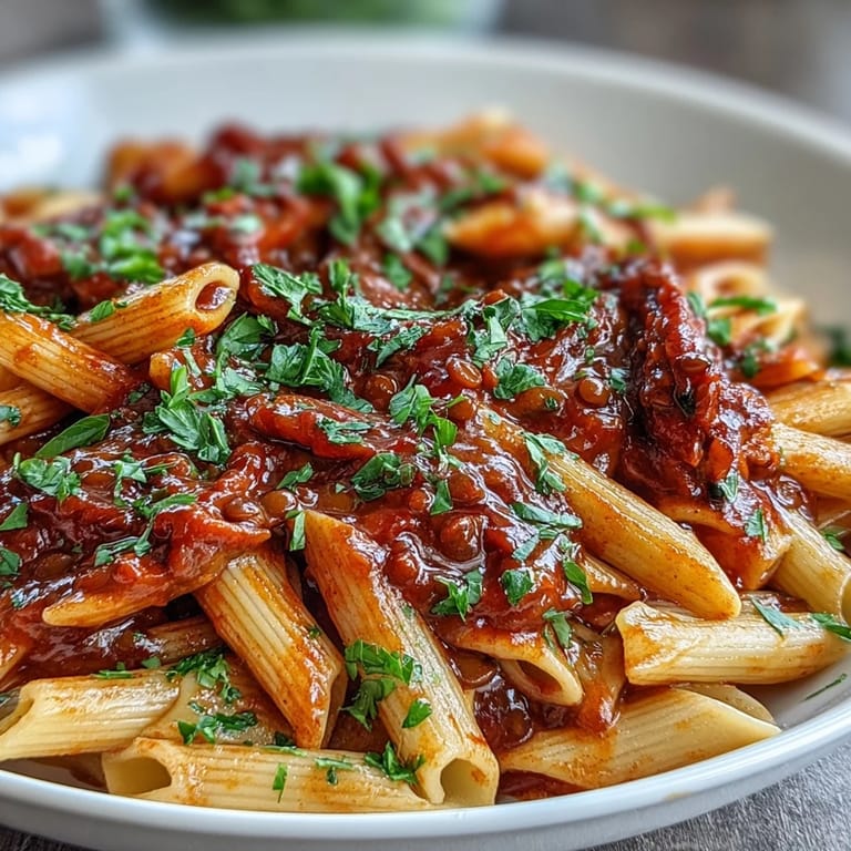 Plant-based penne tossed in a luscious red pepper and lentil sauce, perfect for a high-protein, gluten-free vegan main course.