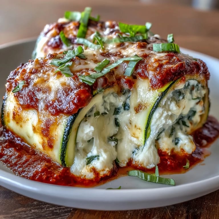 Delicious low-carb zucchini roll-ups stuffed with ricotta, Parmesan, and mozzarella, topped with marinara for a keto-friendly Italian dinner.