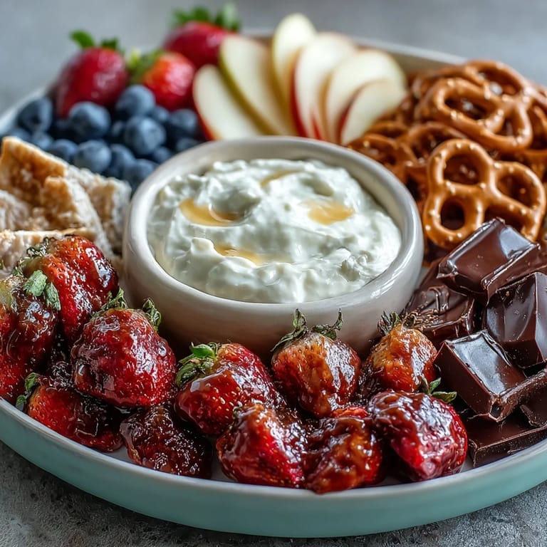 Festive strawberry snack board featuring leftover berries, Greek yogurt dip, grapes, apples, and chocolate squares—perfect for Galentines gatherings.