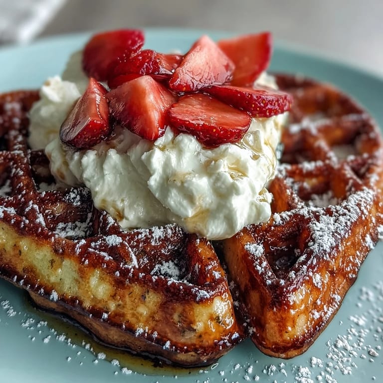 Fluffy waffles in heart shapes, topped with a light cottage cheese whip and juicy strawberry slices for a protein-rich morning treat.