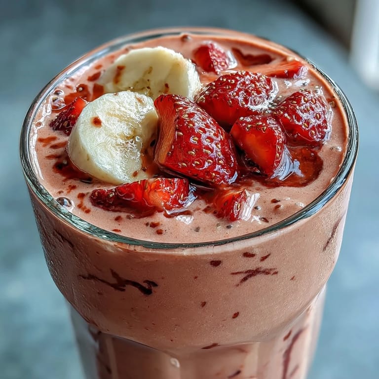 A refreshing strawberry banana smoothie boosted with vanilla protein powder and chia seeds, served chilled for a satisfying post-workout treat.