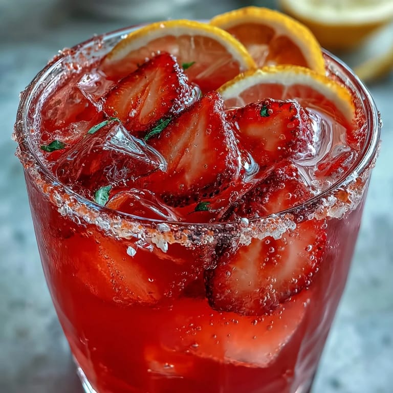 Light and festive strawberry lemonade mocktail with fresh fruit, sparkling water, and a hint of sweetness, ideal for warm-weather entertaining.