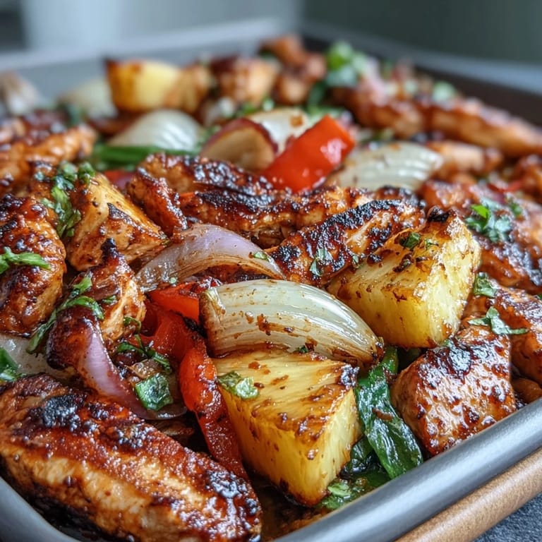 Easy sheet pan chicken pineapple fajitas with fresh veggies and tropical fruit, served in warm tortillas with lime and cilantro.