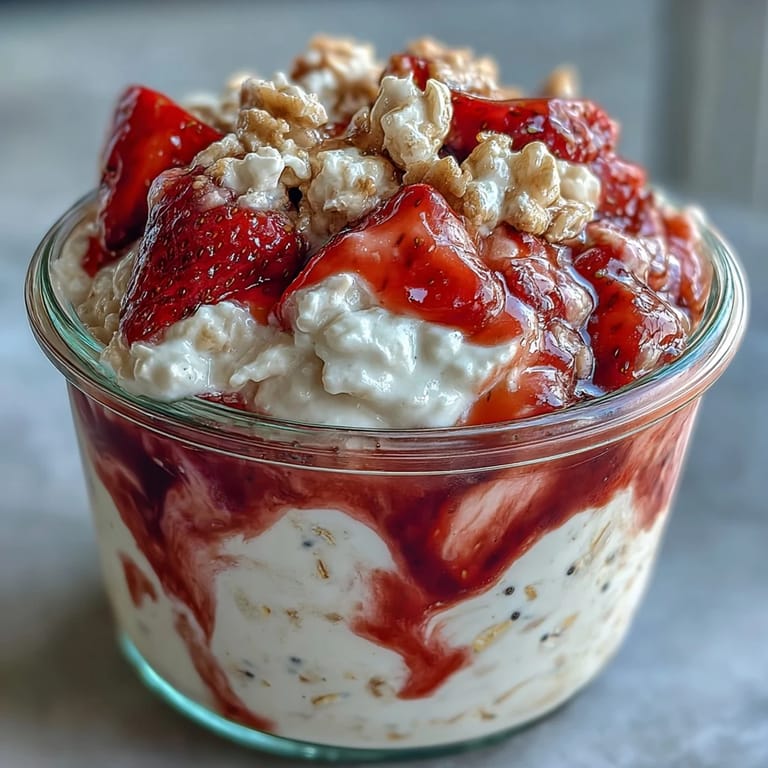 Healthy breakfast of fluffy yogurt overnight oats with homemade strawberry swirl, garnished with sliced strawberries and seeds for added texture.