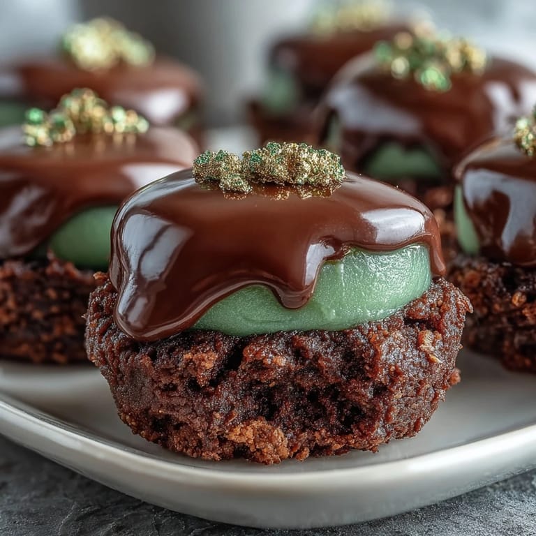 Adorable green-iced Leprechaun Hat Brownie Bites featuring chocolate-dipped marshmallows on chocolate wafer bases, a fun party treat.