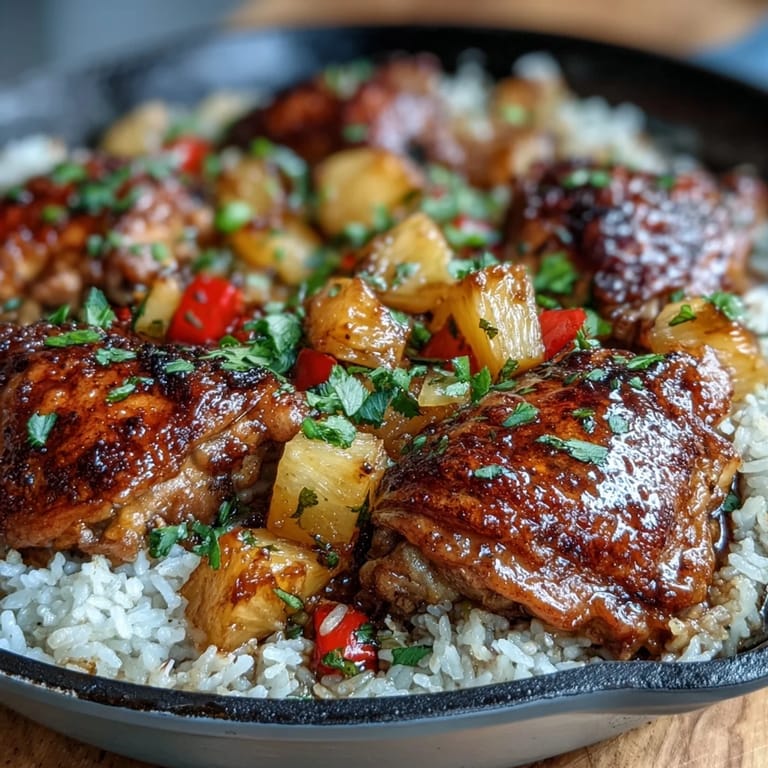 Easy pineapple chicken and rice bake with savory soy-garlic sauce, perfect for a quick and flavorful family dinner.