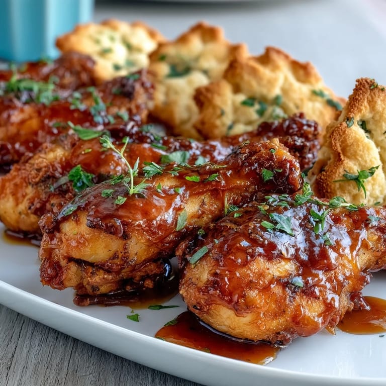 A comforting Southern feast: juicy fried chicken with a shatteringly crisp coating, paired with warm honey butter biscuits fresh from the oven.