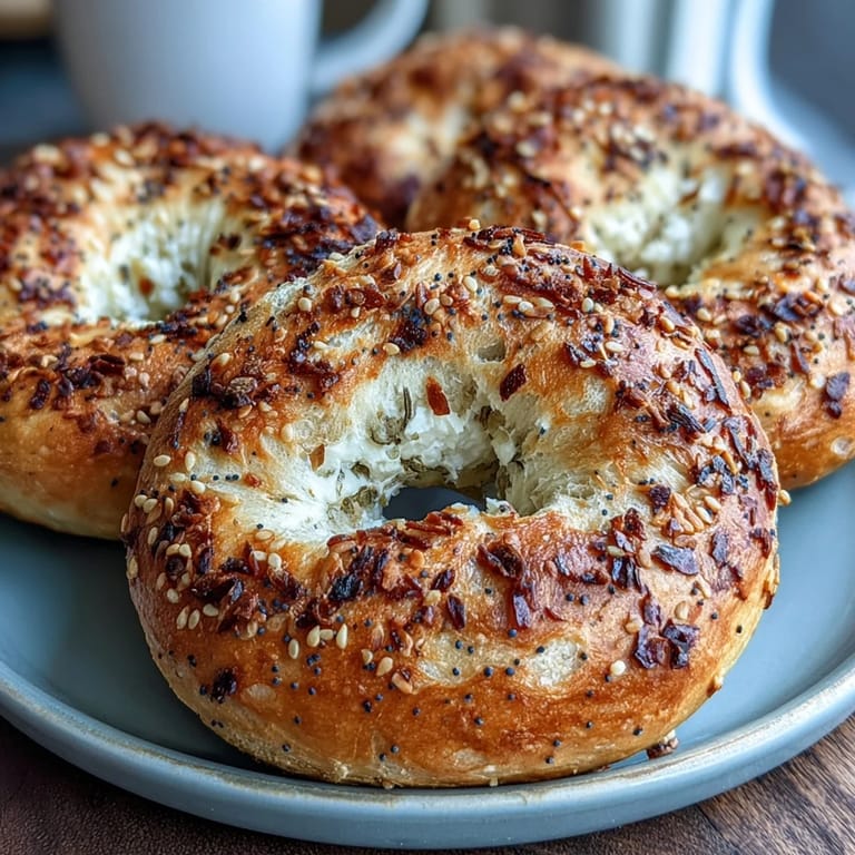 Protein-rich Greek yogurt bagels, golden and topped with everything seasoning, offering a soft, satisfying bite perfect for a nutritious start to the day.
