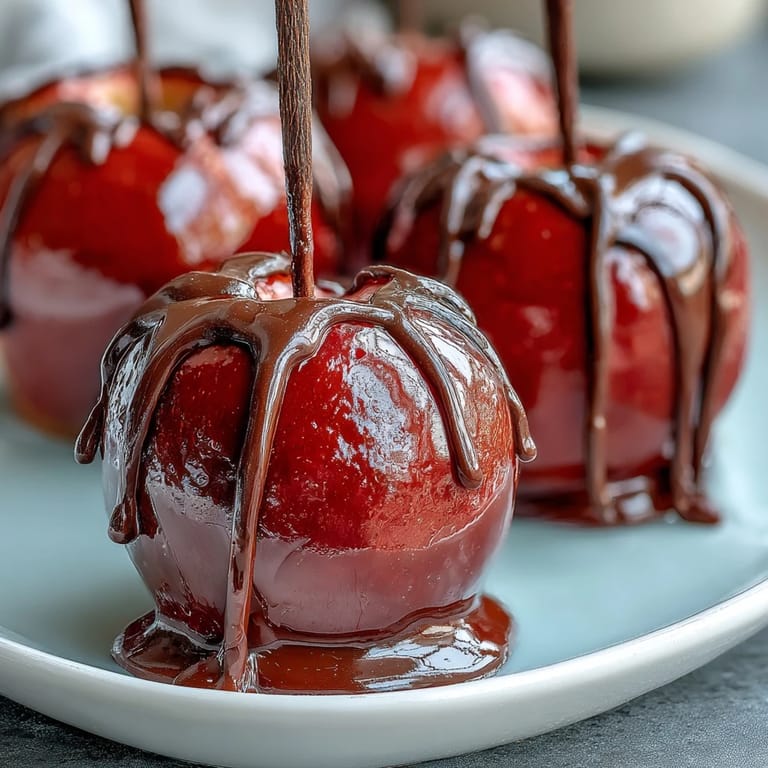 Homemade candy apples feature shiny red hard candy coating and elegant white chocolate drizzle, perfect for fall festivals or Halloween parties.