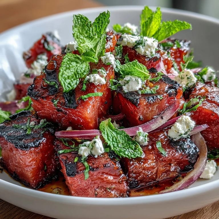 Sweet grilled watermelon cubes topped with creamy feta and mint, drizzled with balsamic glaze for a refreshing, colorful salad.