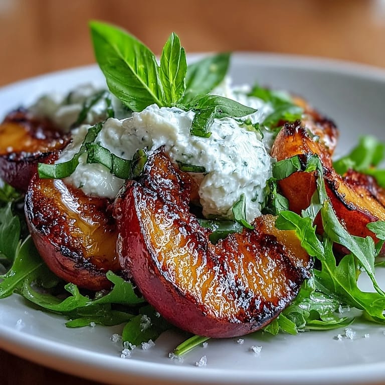 Fresh grilled peaches, torn burrata, and honey drizzle create a vibrant, elegant Mediterranean salad.
