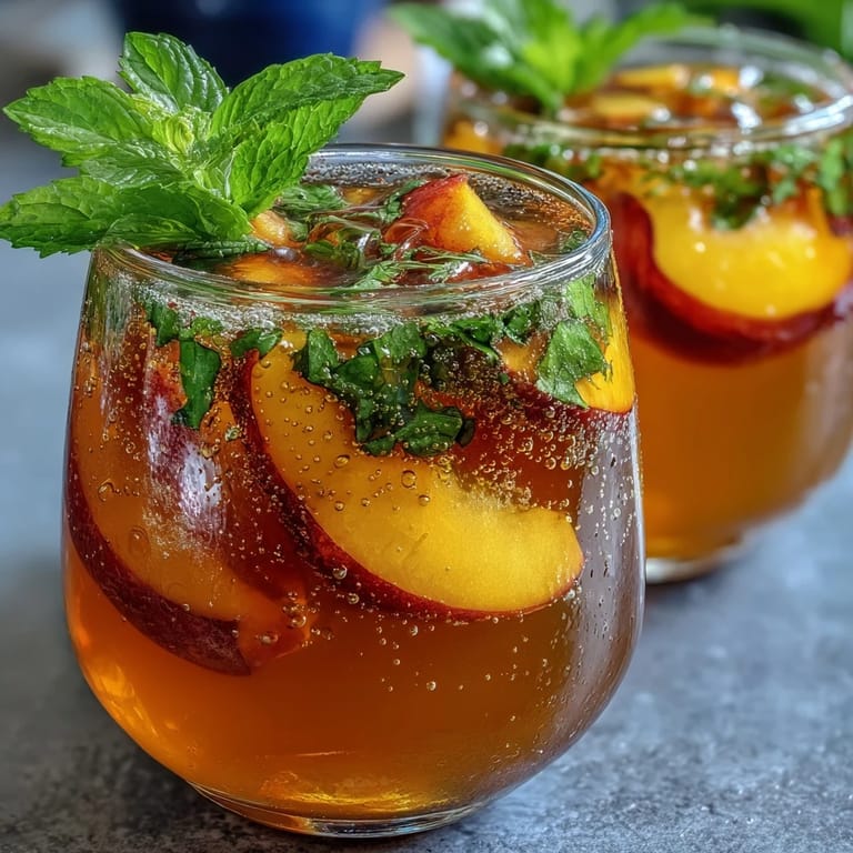 A refreshing glass of Mango Peach Sparkling Tea garnished with mint, peach, and mango slices.