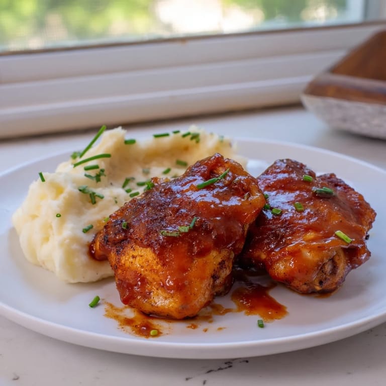 Oven-baked honey BBQ chicken thighs, the sauce coating visible, offered with fluffy mashed potatoes.