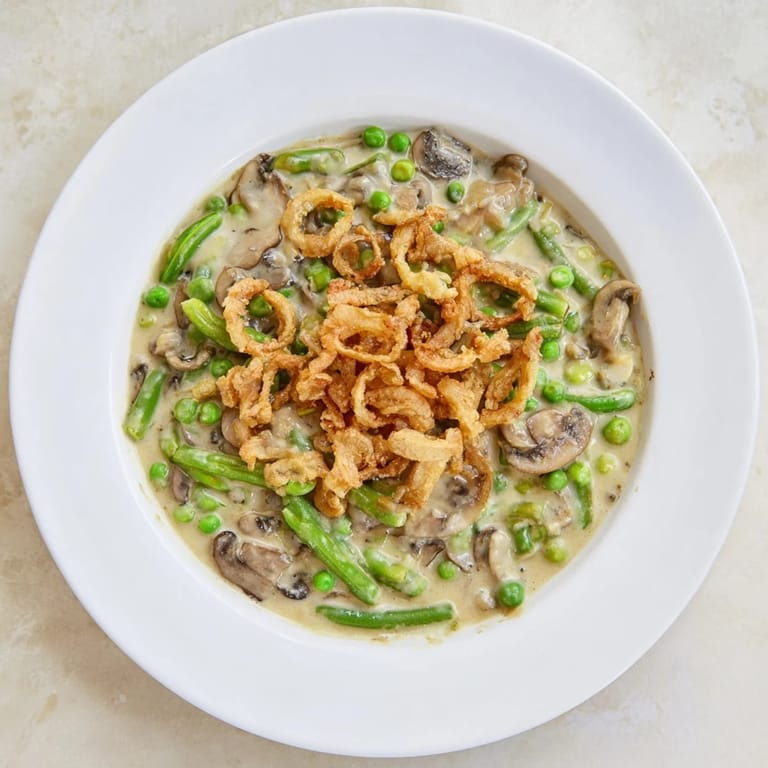 A warm baking dish filled with bubbling Old-School Green Bean Casserole, a delightful holiday side.