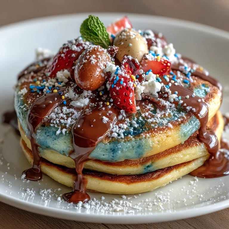 Fluffy pancakes in vibrant hues, artfully shaped like Easter eggs and topped with powdered sugar glaze and chocolate chips.  