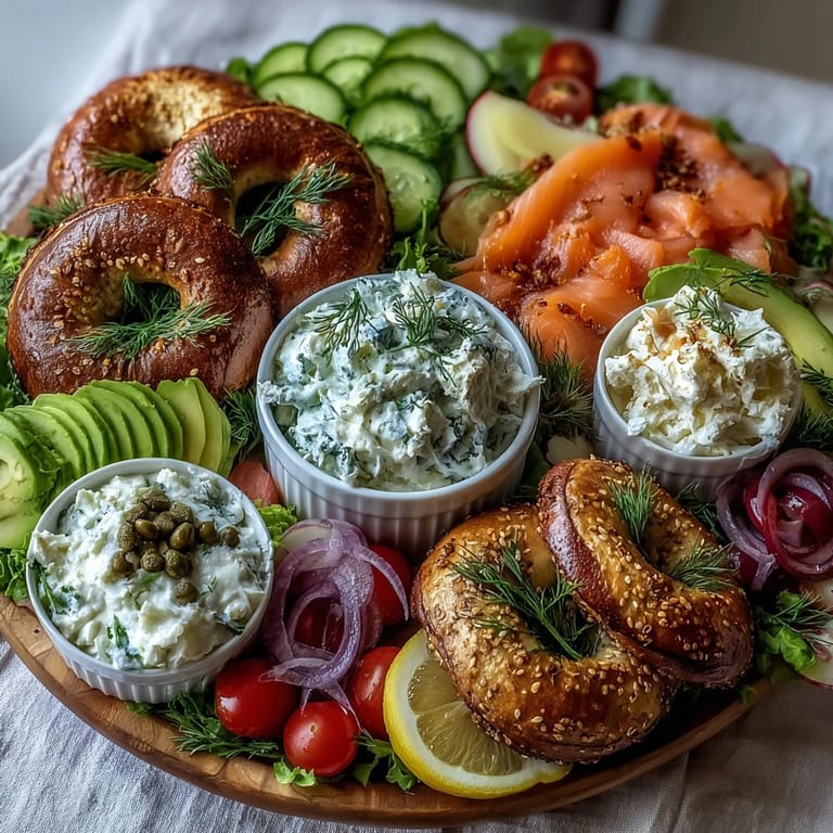 Colorful Mother's Day Smoked Salmon Bagel Board loaded with creamy spreads and veggies.