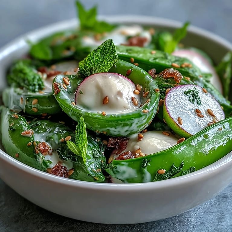 Crisp, colorful Snap Pea and Radish Spring Salad ready to serve.