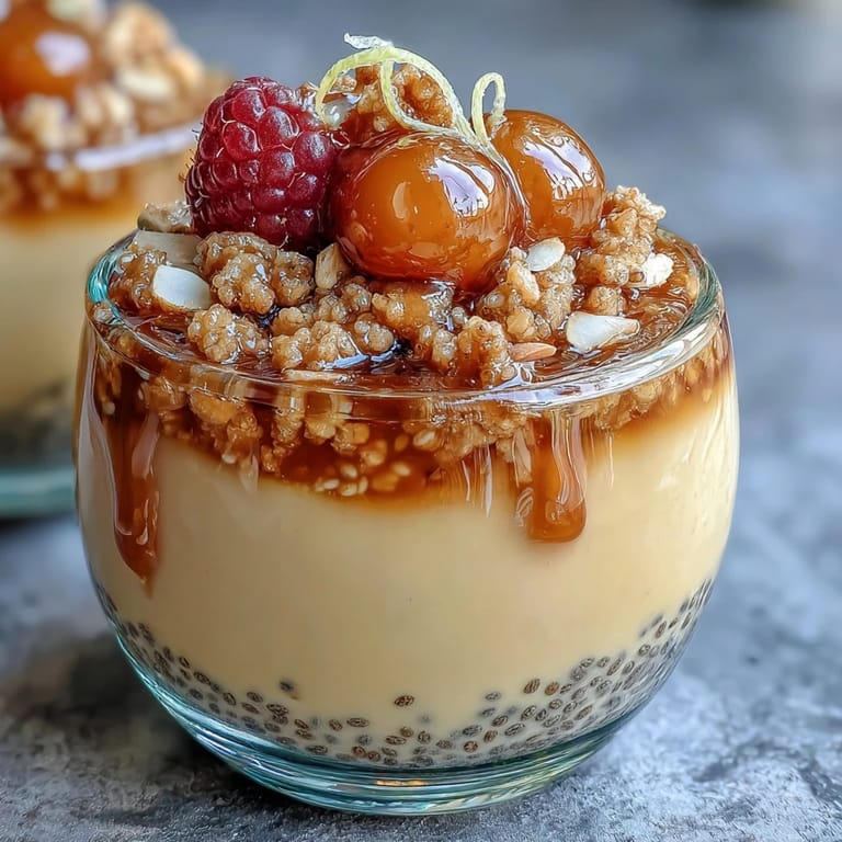 Bright lemon chia pudding parfait topped with granola and raspberry compote, garnished with fresh berries and lemon zest for a vibrant dessert.