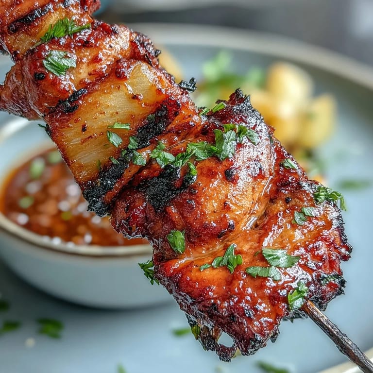 Juicy Al Pastor chicken skewers grilled beautifully with charred pineapple chunks.