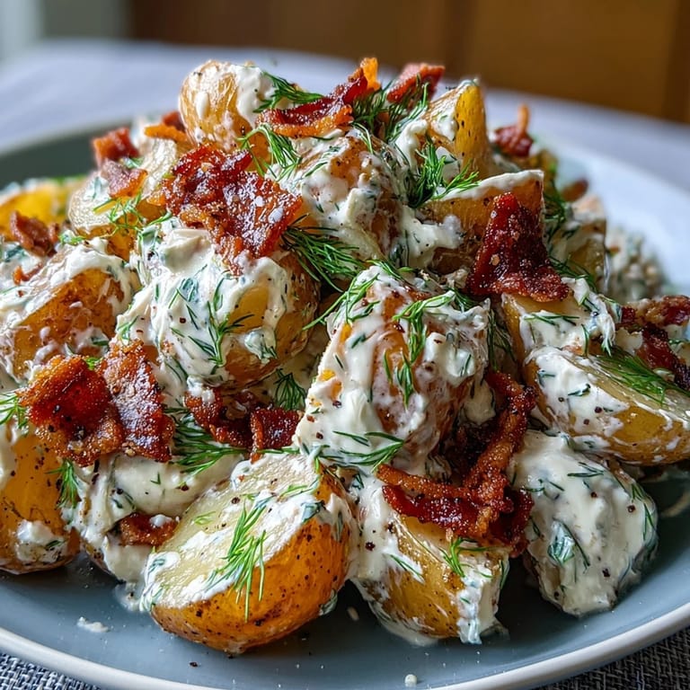 A rustic bowl of Memorial Day Potato Salad, topped with crumbled bacon and herbs.