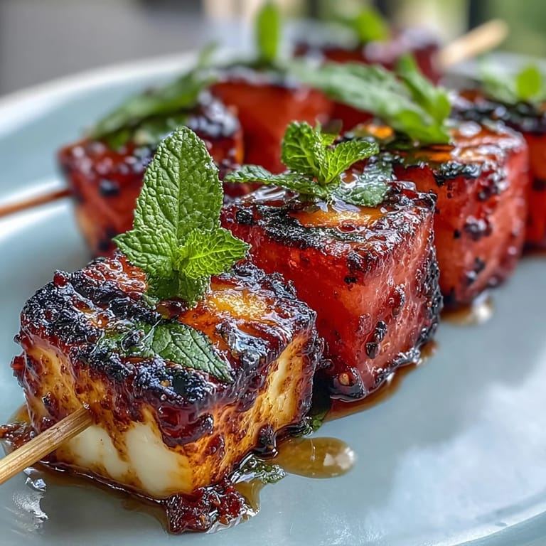 Juicy watermelon and grilled halloumi skewers, bright with fresh mint for summer.